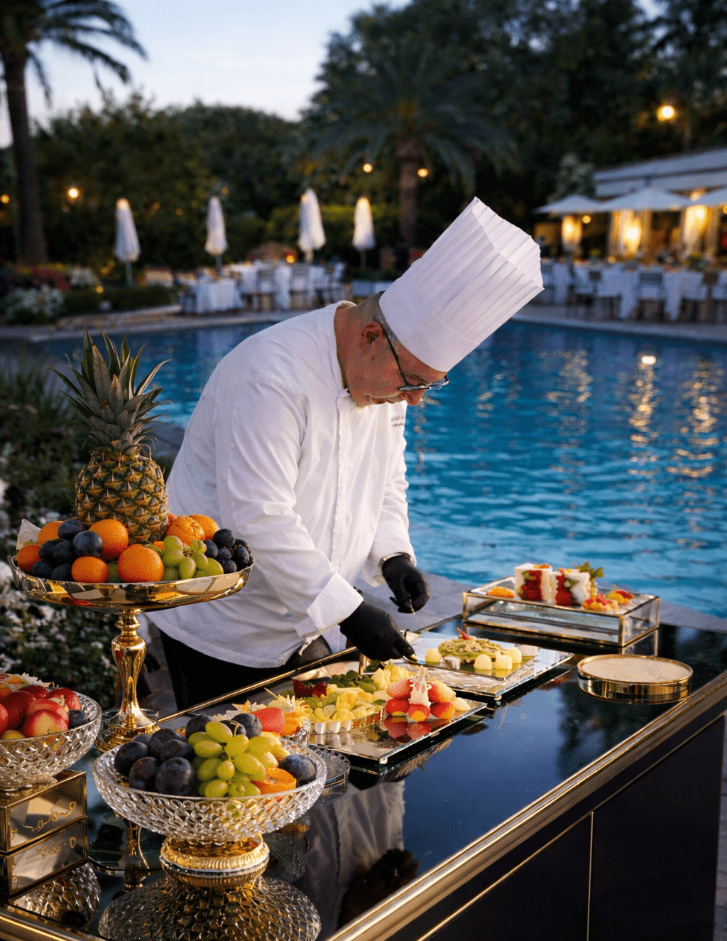 Chef della frutta durante la preparazione di un buffet di frutta per matrimonio in location luxury